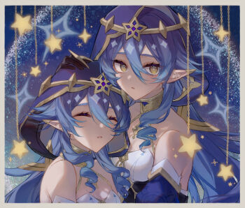 2girls bare_shoulders blue_hair blue_hood blue_sleeves bright_pupils chappoooonn circlet detached_sleeves drill_hair drill_sidelocks dual_persona genshin_impact hair_between_eyes halterneck hand_on_another's_head highres hood jewelry layla_(genshin_impact) long_hair looking_at_viewer multiple_girls neck_ring nighttime_layla_(genshin_impact) pointy_ears sidelocks star_(symbol) upper_body white_pupils yellow_eyes