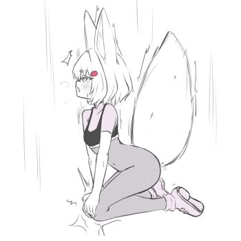  1girl absurdres animal_ears ass fox_ears fox_girl fox_tail grey_pants hands_on_own_knees highres kan_(kannanii) kneeling open_mouth pants phase_connect shoes solo sports_bra tail tenma_maemi virtual_youtuber white_hair yoga_pants 