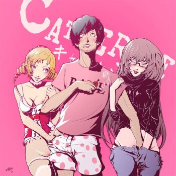  1boy 2girls atlus black_hair blonde_hair blue_eyes blush breasts brown_hair catherine_(atlus_character) catherine_(game) cigarette closed_eyes corset fingering girl_sandwich glasses handjob hug katherine_mcbride medium_breasts moaning multiple_girls pussy sandwiched smoking twintails underwear vincent_brooks  rating:Explicit score:56 user:MassGenocide