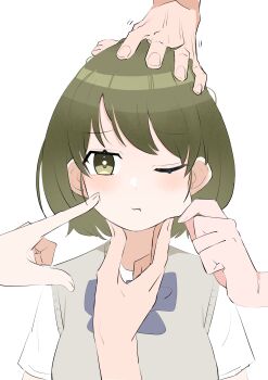  1girl 4others ;t absurdres blush cheek_pinching cheek_poking commentary_request fingernails green_eyes green_hair grey_sweater_vest headpat highres idolmaster idolmaster_shiny_colors looking_at_viewer multiple_others nanakusa_nichika one_eye_closed out_of_frame oyaki_zin pinching poking school_uniform shirt short_hair short_sleeves simple_background sweater_vest upper_body white_background white_shirt 
