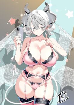  1girl absurdres artist_name bare_shoulders blue_background blush bra breasts cameltoe cellphone cleavage collarbone commentary_request crossed_bangs demon_girl demon_horns demon_wings drill_hair duel_monster earrings garter_straps glint grey_background grey_hair grey_horns groin hair_between_eyes hands_up highres holding holding_phone horns jewelry large_breasts lingerie long_hair looking_at_viewer lovely_labrynth_of_the_silver_castle multiple_wings navel panties parted_lips phone pink_bra pink_panties pink_thighhighs selfie sideboob sidelocks silver_earrings silver_horns silver_wings smartphone solo standing star_(symbol) stomach straight-on taking_picture tama_amata thighhighs thighs twin_drills underwear underwear_only v wings yu-gi-oh! 