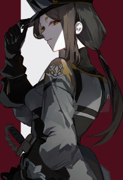  1girl absurdres animal_ears arknights black_gloves black_hair black_hat commentary_request dobermann_(arknights) dobermann_(lieutenant)_(arknights) emblem gloves gomago_magoma hand_on_headwear hat highres long_hair long_sleeves looking_at_viewer low_ponytail military military_uniform official_alternate_costume partial_commentary peaked_cap ponytail solo sword thick_eyebrows weapon yellow_eyes 