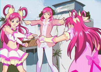  3girls :o arm_warmers back_bow bike_shorts bike_shorts_under_skirt blue_sky blurry blurry_background bow brooch building butterfly_brooch butterfly_earrings butterfly_hair_ornament chest_bow clenched_hand cloud cloudy_sky collarbone collared_shirt commentary crop_top cure_dream d: day dress earrings feet_out_of_frame film_grain flower frilled_dress frilled_sleeves frills from_behind furrowed_brow hair_flower hair_ornament hair_ribbon hair_rings highres index_finger_raised jacket jewelry kibou_no_chikara_otona_precure_'23 lapels legs_apart long_hair looking_at_another magical_girl marvel meme midriff multiple_girls multiple_persona navel open_clothes open_jacket open_mouth outdoors outstretched_arm outstretched_arms pants parody petticoat pink_bow pink_dress pink_flower pink_hair pink_jacket pink_rose pointing pointing_at_self pointing_spider-man_(meme) precure purple_eyes purple_shorts que415 ribbon rose shirt short_hair shorts shorts_under_skirt skirt sky spider-man:_into_the_spider-verse spider-man:_no_way_home spider-man_(series) spider-verse spread_arms standing sweatdrop swept_bangs tree v-shaped_eyebrows white_arm_warmers white_pants white_shirt white_skirt yellow_ribbon yes!_precure_5 yes!_precure_5_gogo! yumehara_nozomi 