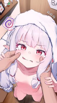  1girl 1other absurdres after_bathing annoyed barefoot cheek_pinching collarbone commentary convenient_hair crying crying_with_eyes_open domado door flat_chest flying_sweatdrops from_above frown grey_hair hair_over_breasts highres indoors light_blush loli long_hair looking_at_viewer naked_towel open_mouth original picture_frame pinching pointy_ears red_eyes solo_focus standing tears teeth towel towel_on_head upper_teeth_only wooden_floor 