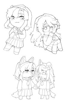  2girls animal_crossing animal_ears blush commentary crossover furrification furry furry_female glasses gmeg011 greyscale highres holding_hands koishikawa_iko long_sleeves looking_at_another momijiyama_teru monochrome multiple_girls nintendo pleated_skirt semi-rimless_eyewear shirt shoes shy_(series) skirt smile standing symbol-only_commentary tail thighhighs wolf_ears wolf_girl wolf_tail 