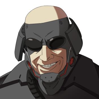  1boy absurdres armor bald close-up commentary english_commentary exoskeleton grin highres invincible_(character) invincible_(series) male_focus metal_gear_(series) metal_gear_rising:_revengeance simple_background smile solo sundowner_(metal_gear_rising) teeth xyanaid 
