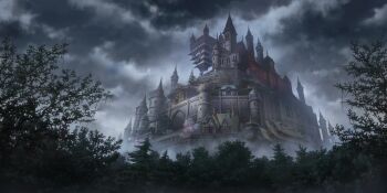  architecture artist_request battlement castle cherry_blossoms chimney chireiden divine_spirit_mausoleum east_asian_architecture european_architecture fog forest fortress game_cg hakugyokurou hakurei_shrine highres kirisame_magic_shop moriya_shrine myouren_temple nature no_humans outdoors overcast pagoda scarlet_devil_mansion scenery shining_needle_castle shrine sky third-party_source touhou touhou_lostword tower tree upside-down_building 