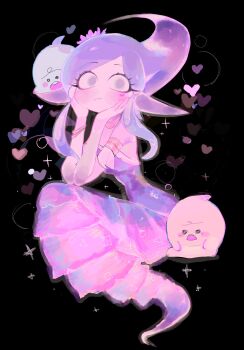  1girl black_background bracelet character_request closed_mouth colored_skin commentary copyright_request creature dress full_body hands_on_own_cheeks hands_on_own_face head_rest heart highres jewelry long_hair looking_at_viewer no_feet parted_bangs pointy_ears purple_dress purple_eyes purple_hair purple_skin solo usa37107692 