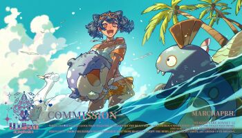  1girl :d beach bead_choker beads bikini bikini_top_only blue_hair blue_sky blush braid bright_pupils cloud coconut coconut_tree commentary commission cone_hair_bun double_bun english_text eyewear_on_head fangs floating_hair flying gen_3_pokemon gen_5_pokemon hair_bun highres huntail jewelry necklace nintendo nose_blush ocean off-shoulder_bikini off_shoulder open_mouth orange_eyes orange_shorts original palm_tree parasol partially_submerged pokemon pokemon_(creature) sand short_hair short_twintails shorts side_braids sky smile spheal sunglasses swanna swimsuit torn_clothes torn_shorts tree twin_braids twintails umbrella untranslatable_commentary watermark wingull wulie_errr 
