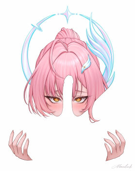  1boy 1girl absurdres aemeath_(wuthering_waves) ahoge blush commentary fingernails hair_ornament hand_on_another's_thigh hetero highres long_hair looking_at_viewer moovalandi negative_space orange_eyes penis penis_awe pink_hair ponytail pov signature simple_background spread_legs star-shaped_pupils star_(symbol) symbol-shaped_pupils white_background wuthering_waves 