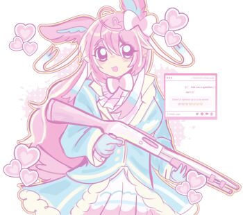  1girl :d ahoge animal_ears animification blue_jacket bow bowtie commentary cute_weapon dr._sylveon_(starters) english_commentary fan_request gen_6_pokemon genderswap genderswap_(mtf) gun hair_bow heart heart_ahoge highres holding holding_gun holding_weapon humanization jacket long_hair looking_at_viewer michi_(tosmicc) nintendo open_mouth pastel_colors pink_hair pokemon request_inset ribbon skirt smile solo starters_(movieunleashers) sylveon tail very_long_hair weapon white_skirt yume_kawaii 