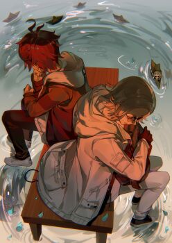  2boys absurdres ahoge aotsuki_eito bag bench black_bag black_gloves black_pants black_shoes black_streaks blue_petals chibi chibi_inset chinese_commentary closed_eyes commentary_request gloves grey_hair grey_jacket highres holding holding_bag hood hoodie jacket jacket_over_hoodie male_focus multicolored_hair multiple_boys on_bench open_clothes open_jacket pants paper_boat red_hair reflection reflective_liquid ripples shoes short_hair shuiyemusan sitting standing standing_on_liquid streaked_hair sumino_takumi sunglasses the_hundred_line_-last_defense_academy- variant_set white_hoodie white_jacket white_pants white_shoes wooden_bench 