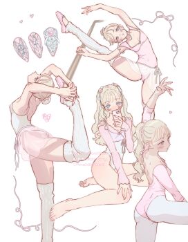 1girl armpits ass ass_blush athletic_leotard attitude_derriere ballerina ballet ballet_slippers bare_shoulders barefoot blonde_hair blush bomhat bow breasts bun_cover cellphone choppy_bangs collarbone commentary covering_own_mouth fingernails flexible from_side full_body hair_bun hand_on_own_leg heart highres holding holding_own_leg holding_phone leg_hold leg_up leg_warmers legs leotard long_hair long_sleeves looking_at_viewer multiple_views nail_art nail_polish open_mouth original pantyhose phone pink_leotard pink_nails pink_shoes pink_skirt plantar_flexion see-through_clothes see-through_skirt shoes simple_background sitting skirt small_breasts smartphone standing standing_on_one_leg straight-on symbol-only_commentary thighs toenail_polish toenails white_background white_leotard white_pantyhose white_skirt yokozuwari rating:Sensitive score:37 user:danbooru