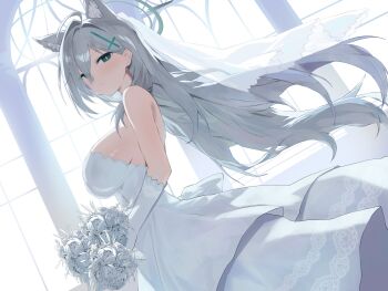  1girl ahoge animal_ear_fluff animal_ears blue_archive blue_eyes blue_halo bouquet breasts bridal_veil bright_pupils closed_mouth commentary_request cross cross_hair_ornament dress dutch_angle elbow_gloves evening_rabbit extra_ears eyes_visible_through_hair floating_hair flower from_side gloves grey_hair hair_behind_ear hair_ornament hair_over_one_eye halo highres holding holding_bouquet indoors inverted_cross large_breasts light_smile long_hair looking_at_viewer rose shiroko_terror_(blue_archive) solo strapless strapless_dress upper_body veil very_long_hair wedding_dress white_dress white_flower white_gloves white_pupils white_rose white_veil window wolf_ears wolf_girl 