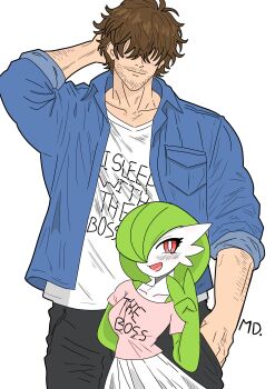  1boy 1girl arm_behind_back arm_behind_head arm_hair arm_up artist_name beard_stubble black_pants blue_shirt blush bob_cut breast_pocket breasts bright_pupils brown_hair clothed_pokemon clothes_writing collarbone colored_skin covered_eyes english_text facial_hair gardevoir gen_3_pokemon green_hair green_skin hair_over_eyes hair_over_one_eye hand_in_pocket hand_up happy height_difference hetero interspecies long_sleeves looking_at_viewer medi_(pixiv_123705920) medium_breasts messy_hair multicolored_skin mustache_stubble nintendo one_eye_covered open_clothes open_mouth open_shirt pants pink_shirt pocket pokemon pokemon_(creature) red_eyes shirt short_hair short_sleeves signature simple_background size_difference sleeves_rolled_up smile stubble two-tone_skin undershirt v white_background white_pupils white_shirt white_skin  rating:General score:2 user:AngryZapdos