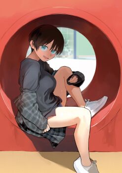 1girl akira_(takou_no_boyish_kanojo) aqua_eyes bare_legs black_hair black_jacket black_shirt breasts choppy_bangs commentary day denim denim_shorts fingernails from_side full_body highres jacket jacket_partially_removed knee_up large_breasts looking_at_viewer looking_to_the_side mmmo3 no_socks open_mouth outdoors plaid_clothes plaid_jacket shirt shoes short_hair short_shorts shorts sitting smile sneakers solo takou_no_boyish_kanojo tomboy turning_head very_short_hair white_shoes