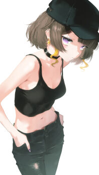  1girl alternate_costume anya_melfissa baseball_cap black_choker black_hat black_pants black_tank_top blonde_hair breasts brown_hair choker cleavage closed_mouth cohi27151463 commentary_request crop_top denim earrings hands_in_pockets hat highres hololive hololive_indonesia jeans jewelry looking_at_viewer medium_breasts midriff multicolored_hair navel pants purple_eyes short_hair sidelocks simple_background solo streaked_hair tank_top virtual_youtuber white_background 