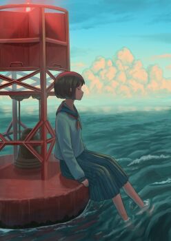  1girl bell blue_sailor_collar blue_skirt blue_sky bob_cut brown_hair buoy cloud collared_shirt commentary cumulonimbus_cloud dress_shirt from_side full_body highres horizon long_sleeves looking_afar looking_ahead making-of_available neckerchief ocean original paid_reward_available partially_submerged pasoputi pleated_skirt red_light red_neckerchief sailor_collar school_uniform serafuku shirt short_hair sitting skirt sky soaking_feet white_shirt 