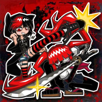  2girls absurdres animal_ears black_background black_hair black_hoodie black_shoes black_skin black_thighhighs blood blood_splatter bodypaint colored_skin cross cross_earrings cross_patty delinquent denim denim_shorts djkurara djkurara_various dynamic_pose earrings english_text exposed_pocket full_body highres holding holding_weapon hood hooded_jacket hoodie jacket jewelry kakusatsuko katana kicking lolita_fashion long_hair long_sleeves looking_at_another looking_at_viewer miniskirt multicolored_hair multiple_girls neckerchief painted_clothes punk red_background red_eyes red_hair red_neckerchief red_shoes red_thighhighs sandals school_uniform shoes short_hair shorts silver_earrings skirt squatting streaked_hair striped_clothes striped_thighhighs sukeban sword tattoo teeth thighhighs weapon 