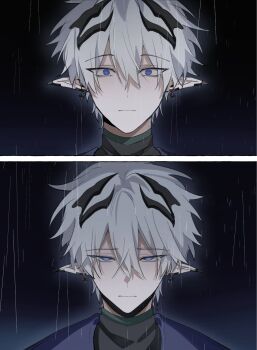  1boy ardashir_(arknights) arknights arknights:_endfield black_horns black_shirt blue_eyes blue_jacket commentary ear_ornament empty_eyes english_commentary frown grey_hair highres horns jacket looking_at_viewer multiple_views rain shirt short_hair straight-on turtleneck upper_body wide-eyed zane_zenn 