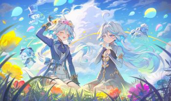  2girls ^_^ absurdres ahoge ascot black_gloves blue_ascot blue_dress blue_eyes blue_gemstone blue_hair blue_jacket blue_pupils closed_eyes closed_mouth commentary day dress drop-shaped_pupils flower flower_wreath focalors_(genshin_impact) furina_(genshin_impact) gem genshin_impact gentilhomme_usher gloves hair_between_eyes hand_up hands_up hashtag-only_commentary hayun head_wreath heterochromia highres jacket long_hair long_sleeves mademoiselle_crabaletta multicolored_hair multiple_girls open_mouth outdoors pink_flower sitting smile surintendante_chevalmarin symbol-shaped_pupils thigh_strap very_long_hair white_flower white_hair yellow_flower 