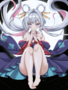  1girl absurdres bare_legs bare_shoulders barefoot black_background blue_eyes blush cho_kaguya-hime! collarbone commentary_request floating_hair grin hair_ornament hair_rings hair_stick hand_up highres long_hair looking_at_viewer multicolored_hair own_hands_together pink_hair purple_nails runami_yachiyo simsini smile sparkle twintails two-tone_kimono white_hair 