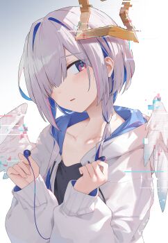  1girl absurdres amane_kanata black_shirt blue_hair collarbone commentary_request earphones gradient_background grey_hair hair_over_one_eye halo highres hololive jacket kaguya_(srx61800) long_sleeves looking_at_viewer multicolored_hair open_mouth pink_hair purple_eyes shirt short_hair solo star_halo virtual_youtuber white_jacket white_wings wings 