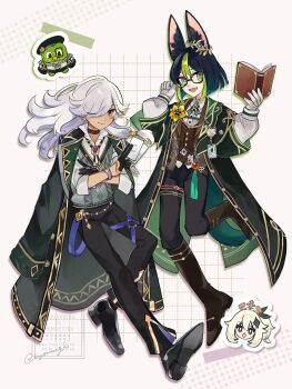  animal_ear_fluff animal_ears black_choker black_coat black_gloves black_hair black_jacket black_pants book brown_vest choker closed_mouth coat commentary_request cyno_(duolingo)_(genshin_impact) cyno_(genshin_impact) duo_(duolingo) duolingo fox_boy fox_ears genshin_impact glasses gloves green_hair hair_between_eyes highres holding holding_book jacket long_hair long_sleeves male_focus mugi_(kyom_ugi) multicolored_hair multiple_boys open_mouth orange_eyes pants short_hair tighnari_(duolingo)_(genshin_impact) tighnari_(genshin_impact) vest white_gloves white_hair 