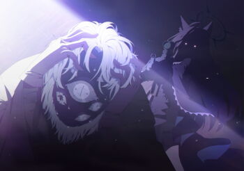  1girl 1other ahoge animal_ear_fluff animal_ears artist_request assault_rifle at_gunpoint blue_archive broken_glass cloak clock extra_eyes game_cg glass gloves glowing glowing_eyes grey_hair gun halo hands_on_own_head highres holding holding_gun holding_weapon light_particles light_rays long_hair no_mouth non-web_source official_art rifle scope shadow shiroko_terror_(blue_archive) sig_sg550 spoilers sweat underground_dweller_(blue_archive) very_long_hair weapon white_hair wolf_ears wolf_girl 