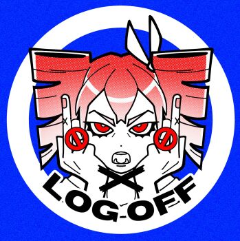  1girl angry blue_background bright_pupils commentary double_middle_finger drill_hair eerieelixir english_commentary hair_ribbon hands_up highres kasane_teto kasane_teto_(sv) limited_palette log_off_(synthesizer_v) looking_at_viewer middle_finger no_symbol open_mouth pink_hair portrait red_eyes ribbon short_hair solo song_name straight-on synthesizer_v twin_drills utau white_pupils white_ribbon 