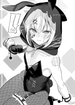  1girl alternate_costume animal_ears animal_hood arm_support bandaid bandaid_on_face blush bracelet breasts chain commentary_request cowboy_shot embarrassed fake_animal_ears fake_tail fishnet_pantyhose fishnets glaring gloves greyscale hair_ornament hand_up high_heels highres hood hood_up jewelry leotard looking_at_viewer mahou_shoujo_no_majo_saiban meimei_(meimei89008309) monochrome pantyhose playboy_bunny rabbit_ears rabbit_hood rabbit_tail shito_alisa short_hair sitting small_breasts solo speech_bubble strapless strapless_leotard tail thigh_strap wrist_cuffs x_hair_ornament 
