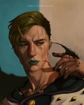  1boy artist_name beetle black_hair black_hood black_nails bug commentary_request green_eyes green_hair green_lips hair_ornament hairclip higashikata_jobin highres hood hood_down hoodie insect jojo_no_kimyou_na_bouken jojolion josela_ferreyra looking_at_object looking_to_the_side makeup male_focus portrait scar scar_across_eye scar_on_face solo spanish_commentary undercut white_hoodie 