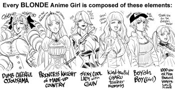  6+girls absurdres baseball_cap bb_(baalbuddy) breasts chain chained collar commentary dress drill_hair english_commentary gun gyaru hat highres large_breasts lips long_hair looking_at_viewer medium_breasts monochrome multiple_girls ojou-sama_pose one_eye_closed original princess short_hair smile sword tomboy twintails upper_body weapon 