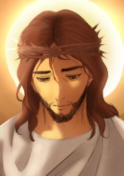  1boy beard brown_eyes brown_hair closed_mouth commentary crown_of_thorns english_commentary facial_hair half-closed_eyes jesus long_hair looking_down male_focus muis0802 shirt solo the_bible upper_body white_shirt 