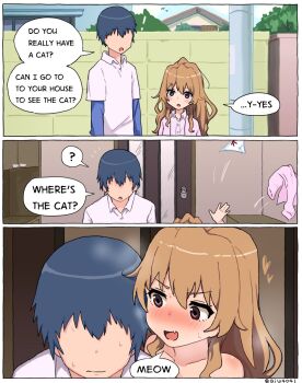  1boy 1girl aisaka_taiga blue_hair blush brown_eyes brown_hair clothed_male_nude_female collared_shirt english_text fang highres indoors meme no_eyes nude shirt speech_bubble sweat takasu_ryuuji toradora! where's_the_cat?_(meme)  rating:Questionable score:57 user:ToukaxKaneki