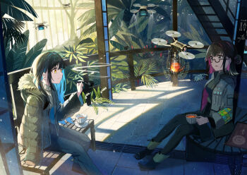  2girls bench black_hair black_pants blue_hair blunt_bangs boots botanical_garden chair coat commentary_request cup day drone glasses green_jacket greenhouse grey_eyes highres holding holding_cup indoors jacket long_hair long_sleeves looking_at_another multiple_girls on_bench on_chair open_clothes original pants parted_lips pink_hair plant shadow shi-ro short_hair sitting smile smoke smoking stairs tea teacup tree yellow_eyes 