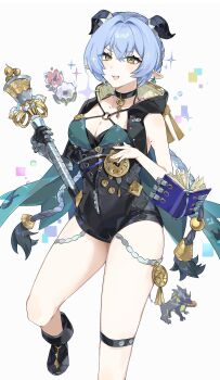  1girl absurdres animal_ears black_horns black_shoes black_unitard blue_hair book braid breasts choker cleavage collarbone commentary_request crossed_bangs earrings ethereal_(zenless_zone_zero) floating floating_book floating_object goat_ears goat_girl goat_horns hair_between_eyes hair_intakes highres holding holding_staff horizontal_pupils horns jewelry key key_choker knee_strap large_breasts leg_up long_hair looking_at_viewer lucia_elowen open_mouth pointy_ears shoes simple_background single_bare_shoulder single_sleeve solo sparkle staff twin_braids umiinu_(umi_inu11) white_background yellow_eyes zenless_zone_zero 