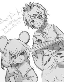  2girls :d animal_ears blush chidori_nekoro commentary_request dutch_angle greyscale highres holding holding_tray monochrome mouse_ears mouse_girl multiple_girls nazrin open_mouth short_hair simple_background smile toramaru_shou touhou translation_request tray white_background 
