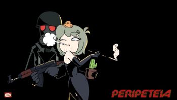  1boy 1girl ahoge aqua_eyes artist_logo assault_rifle bare_shoulders black_background black_dress black_jacket blowing_smoke cactus chiaroscuro combat_helmet commentary copyright_logo copyright_name detached_sleeves dress english_commentary eyeliner gas_mask gloves grey_gloves grey_hair gun helmet high_contrast highres hirotonfa holding holding_gun holding_plant holding_smoking_pipe holding_weapon jacket leaning_on_person logo looking_at_another makeup marie_(peripeteia) mask official_art official_wallpaper one_eye_closed peripeteia plant polish_army potted_plant rifle short_hair simple_background sleeveless sleeveless_dress smoke smoking smoking_pipe soldier standing tiara weapon 