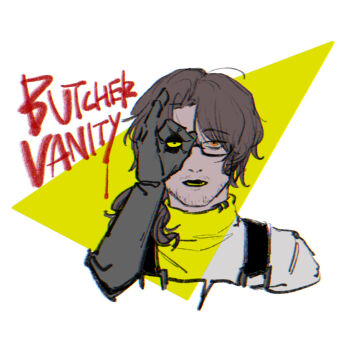 1boy absurdres alternate_costume amputee apron bags_under_eyes beard_stubble black-framed_eyewear black-framed_glasses black_apron brown_hair butcher_vanity_(synthesizer_v) cropped_shoulders elbow_gloves english_text facial_hair facing_viewer from_front glasses gloves gregor_(project_moon) grey_gloves hair_between_eyes half-closed_eyes hand_on_own_face hand_up heterochromia highres joints limbus_company long_hair long_sleeves looking_at_viewer low_ponytail lower_teeth_only male_focus meme official_alternate_costume ok_sign ok_sign_over_eye orange_eyes parody parted_bangs parted_lips ponytail portrait project_moon r.b._(identity)_(project_moon) sanpaku semi-rimless_eyewear shirt sidelocks simple_background solo stubble sweater teeth triangle turtleneck turtleneck_shirt turtleneck_sweater two-tone_background under-rim_eyewear upper_body white_background white_shirt yellow_background yellow_eyes