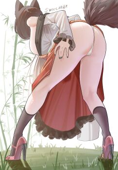  1girl animal_ears artist_name ass bamboo bamboo_forest bent_over black_nails breasts brown_hair commentary dress fishnet_socks fishnets forest frills from_behind hand_on_own_thigh high_heels highres imaizumi_kagerou large_breasts legs long_hair nail_polish nature off-shoulder_dress off_shoulder panties red_dress red_shoes shoes socks solo sweet920545 tail thighs thong touhou two-tone_dress underwear white_dress white_panties wolf_ears wolf_girl wolf_tail 