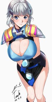 1girl absurdres armor arms_under_breasts blue_eyes blue_gloves blue_shirt blunt_bangs braid breasts cleavage cleavage_cutout closed_mouth clothes_pull clothing_cutout commission gloves grey_hair hair_ornament hairclip highres large_breasts legs looking_at_viewer pixiv_commission seolla_schweizer shirt short_hair shoulder_armor side_braid simple_background single_braid skirt skirt_pull solo super_robot_wars super_robot_wars_original_generation thighs white_background yoo_tenchi rating:Sensitive score:13 user:yuri2896