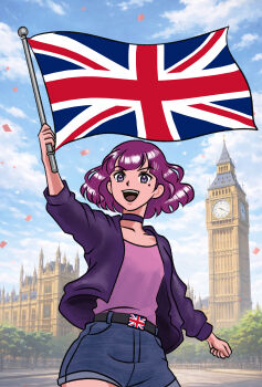  1girl :d ai-assisted ai-generated_background amelia_(pathways) arm_up belt brush_stroke choker cloud cloudy_sky commentary_request confetti cowboy_shot denim denim_shorts elizabeth_tower flag floating_hair highres holding holding_flag jacket mole mole_under_eye muiniikiru no_pupils open_clothes open_jacket open_mouth outdoors pathways_(game) pink_tank_top purple_choker purple_eyes purple_hair purple_jacket short_hair shorts sky smile solo tank_top tree turning_head union_jack united_kingdom waving_flag 