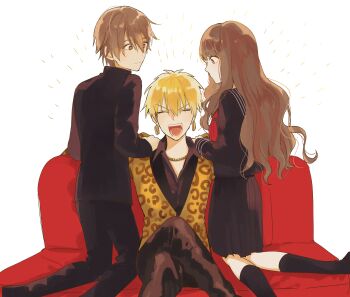  1girl 2boys animal_print black_pants black_serafuku black_shirt black_shoes black_skirt black_socks blonde_hair brown_eyes brown_hair brown_pants closed_eyes closed_mouth collared_shirt commentary_request couch crossed_legs dual_persona earrings fate/extra fate/extra_ccc fate_(series) feet_out_of_frame from_behind gilgamesh_(fate) gold_earrings gold_necklace hair_between_eyes hand_on_another's_shoulder highres jewelry kishinami_hakuno_(female) kishinami_hakuno_(male) laughing leopard_print long_hair long_sleeves looking_at_another looking_down multiple_boys neckerchief necklace on_couch open_mouth pants pleated_skirt red_neckerchief ryousuke_(tukr5384) sailor_collar school_uniform serafuku shirt shoes short_hair sidelocks simple_background sitting skirt socks teeth tongue tsukumihara_academy_uniform_(fate/extra_ccc) v-shaped_eyebrows vest wavy_hair white_background yellow_vest 