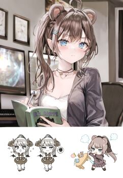  2girls absurdres ahoge animal_ears aru_(momoko) bear_ears blue_eyes blush book braid brown_hair brown_skirt chibi closed_mouth demon_horns extra_ears hair_ornament highres holding holding_book holding_pen horns indoors jacket letter_hair_ornament long_hair looking_at_viewer momoko_(momopoco) multiple_girls multiple_views open_clothes open_jacket original pen pointy_ears scan shirt skirt spoken_squiggle squiggle table_flip white_shirt 