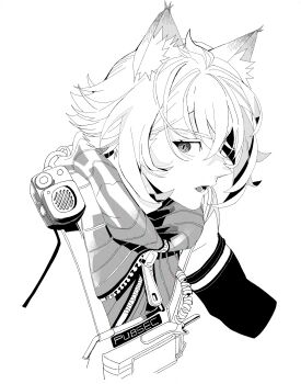  1boy absurdres animal_ear_fluff animal_ears bare_shoulders cropped_shoulders elbow_gloves gloves greyscale highres looking_to_the_side male_focus monochrome open_mouth parted_bangs pd_honey portrait seth_lowell sideways_glance simple_background sleeveless sleeveless_turtleneck solo turtleneck walkie-talkie white_background zenless_zone_zero zipper zipper_pull_tab 