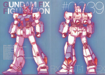  absurdres artist_name back character_name comparison copyright_notice earth_federation english_text gundam gundam_0080 gundam_alex highres jetpack katoki_hajime machinery mecha mecha_focus mobile_suit multiple_views no_humans robot scan science_fiction sunrise_(company) thrusters traditional_media v-fin 
