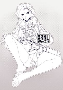 2026 absurdres assault_rifle asymmetrical_hair bad_tag commentary dated ear_piercing english_commentary feet fingerless_gloves gloves grey_background greyscale gun highres hood hood_down hoodie knee_up light_smile looking_at_viewer magazine_(weapon) medium_hair monochrome on_floor original piercing polka_dot polka_dot_background rifle scope signature solo spread_legs stirrup_legwear suppressor tactical_clothes tarola_(xrnl2018) thighhighs toeless_legwear toenails trigger_discipline unfinished weapon xrnl2018 