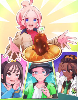  2boys 2girls black_eyes black_hair black_shirt blonde_hair blue_eyes blush bracelet brown_hair brown_jacket choker collared_shirt commentary_request croissant curry dark-skinned_male dark_skin eyelashes fingernails food green_jacket green_necktie hair_between_eyes highres jacket jewelry lida_(pokemon) long_sleeves mega_ring mini_flag multicolored_hair multiple_boys multiple_girls naveen_(pokemon) necktie nintendo open_clothes open_jacket open_mouth outline own_hands_together paxton_(pokemon) pink_hair plate pokemon pokemon_legends:_z-a purple_eyes red_shirt ric_(aceradio) shirt short_hair smile sweatdrop taunie_(pokemon) teeth two-tone_hair undercut upper_teeth_only v-neck vest white_choker white_outline white_shirt 