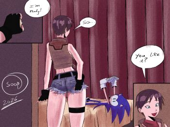  1boy 1girl ass bed black_gloves blue_fur brown_hair commentary controller crossover curtains cutoffs denim denim_shorts english_commentary english_text fingerless_gloves furry furry_male game_controller gloves green_eyes highres holding indoors lying official_alternate_costume rebecca_chambers resident_evil resident_evil_0 short_hair short_shorts shorts smile sonic_(series) sonic_the_hedgehog speech_bubble superguy551 thigh_strap white_gloves 